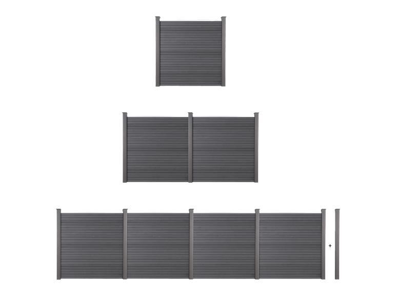 Modulaire antracietkleurige schuttingpanelen in drie verschillende configuraties.