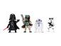 Vier Star Wars-beeldjes: Darth Vader, Boba Fett, R2-D2 en een Stormtrooper.