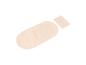 Twee beige stoffen stukken, één ovaal en één rechthoekig, op een witte achtergrond.