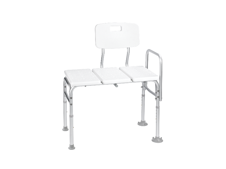 Verstelbare douchestoel met rugleuning en armleuningen.