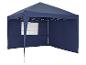 Donkerblauwe pop-up partytent met één zijpaneel met raam, op een witte achtergrond.
