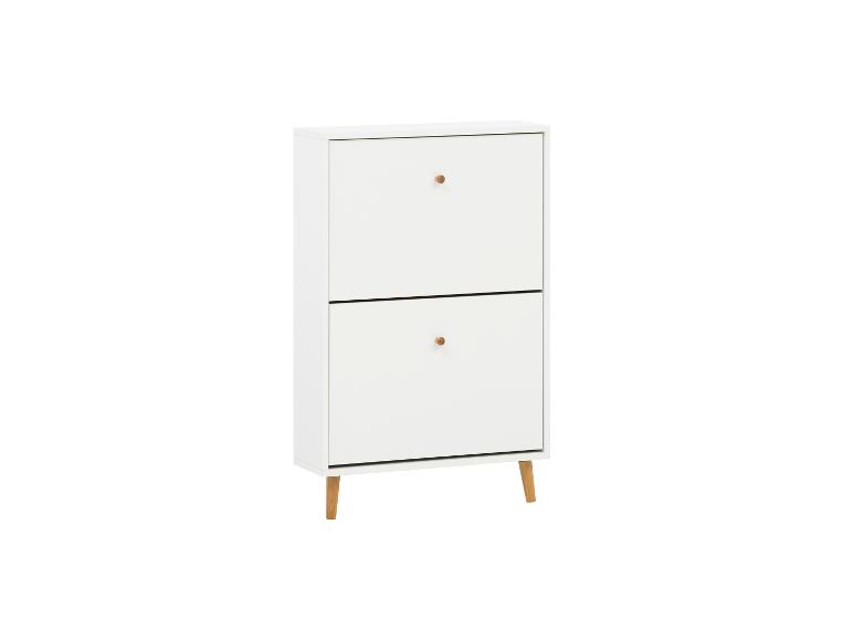 Witte schoenenkast met twee vakken en houten handgrepen, op houten poten.