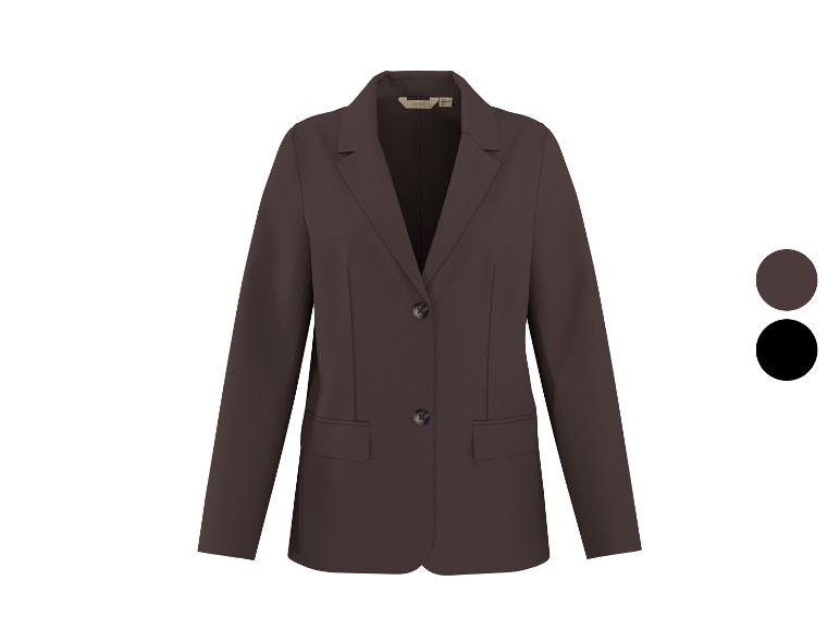 Bruine damesblazer met twee knopen en twee zakken, getoond met kleurstalen.