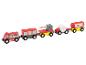 Houten speelgoedtrein met brandweerwagen, vracht-, slagboom-, slang- en tankwagons