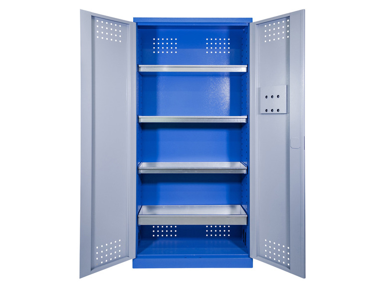 Een blauwe metalen kast met vier planken en twee deuren.