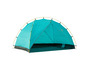 Een turquoise Grand Canyon-tent, opgezet en klaar voor kamperen.
