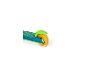 Kinderscooter met blauw en groen deck, geel wiel en groene rem.