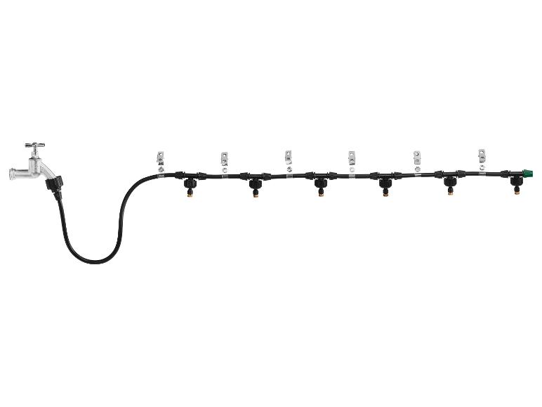 Besproeiingssysteem met kraan, slang en zes sproeiers.