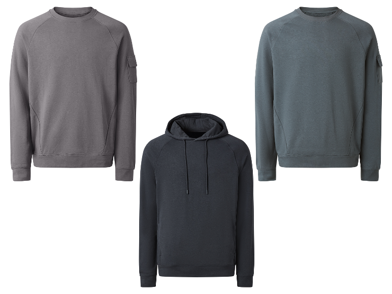 Drie sweatshirts in verschillende kleuren: grijs, blauwgrijs en donkerblauw.