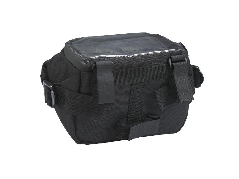 Een zwarte fietstas met een doorzichtige bovenkant.