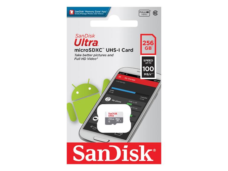 256 GB microSDXC geheugenkaart met tot 100 MB/s snelheid voor Full HD video.