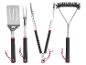 Roestvrijstalen BBQ-gereedschapset: spatel, vork, tang en borstel met zwarte handvatten.