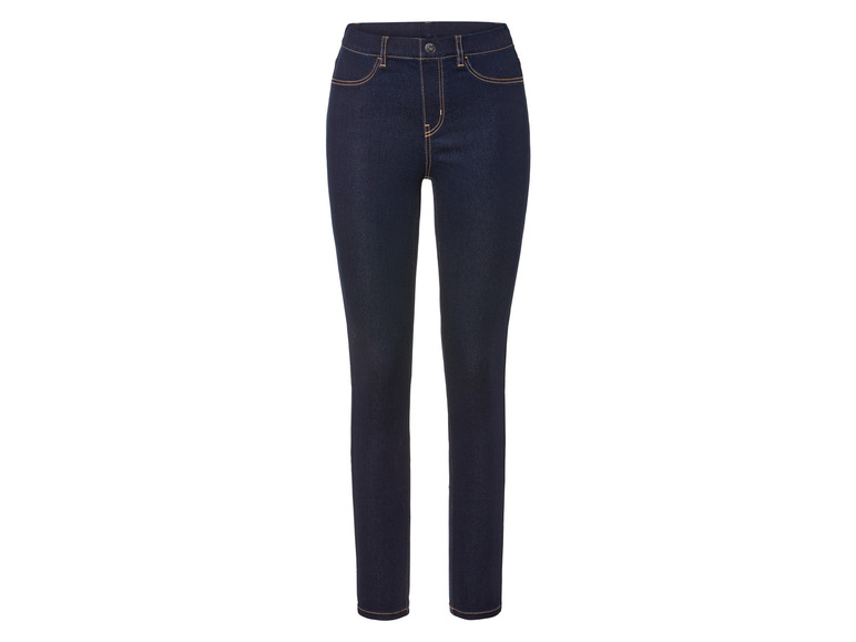 Een paar donkerblauwe skinny jeans voor dames.