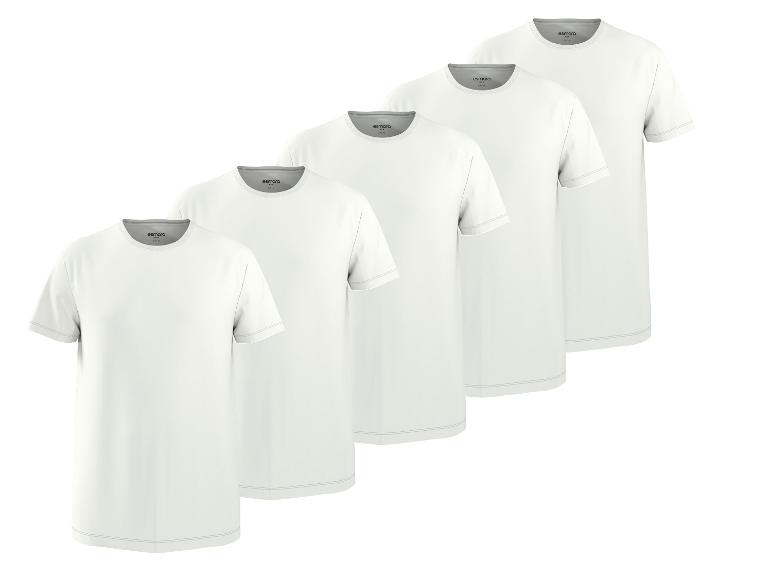 Vijf witte heren T-shirts met korte mouwen, ronde hals en grijze stiksels.
