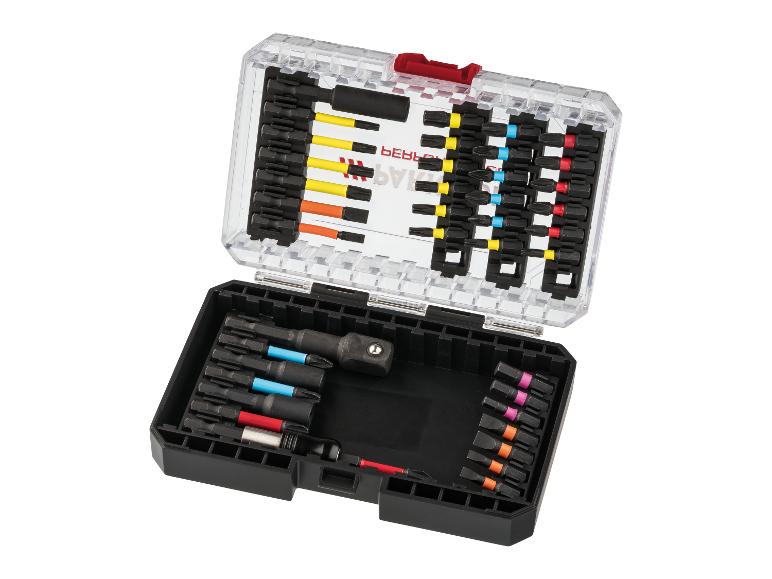 Set gekleurde schroevendraaierbits in een open transparante doos.