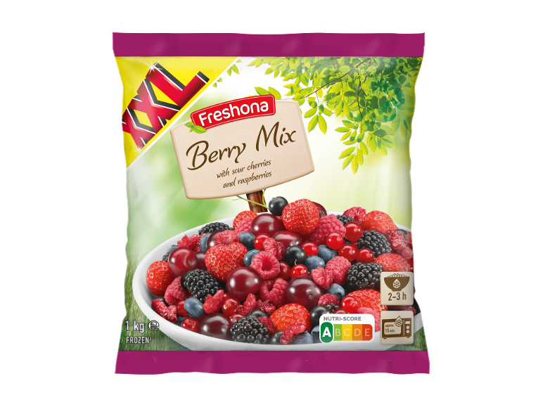 Diepvries bessenmix met zure kersen en frambozen, 1 kg verpakking.