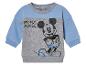Een grijs en blauw baby-sweatshirt met Mickey Mouse.