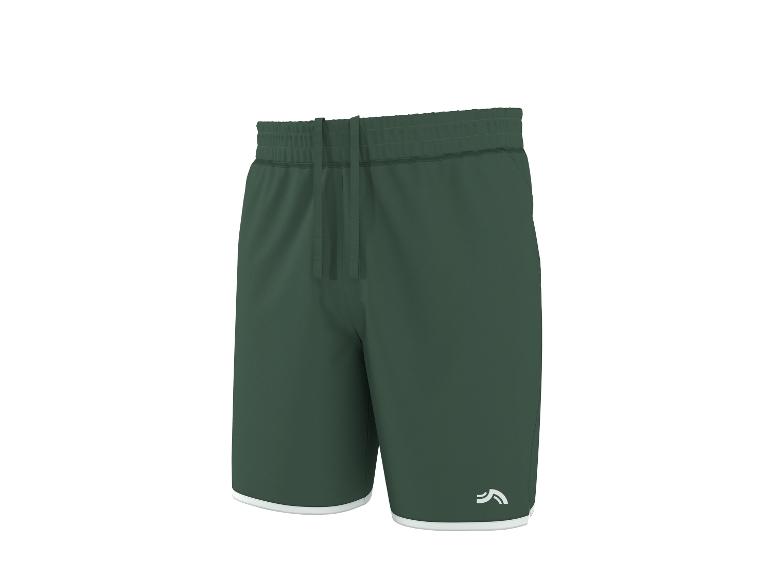 Donkergroene sportshorts met witte bies en trekkoord in de taille.