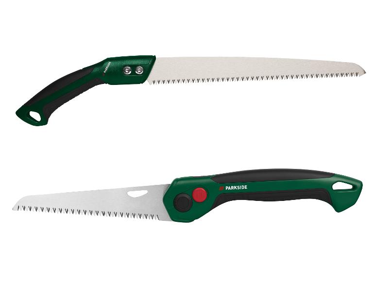 Twee groene zaagjes met zwarte handvatten, waaronder een Parkside zaag.