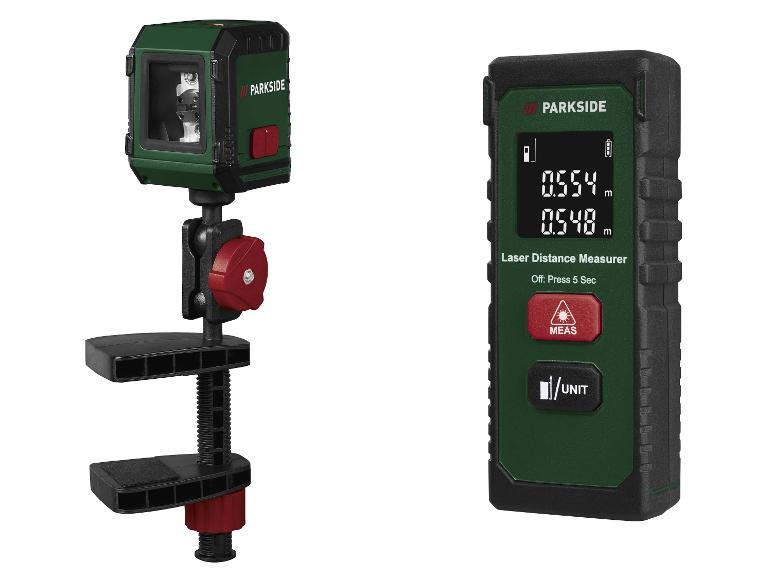 Een laserwaterpas met klem en een laserafstandsmeter die 0,554m en 0,548m toont.