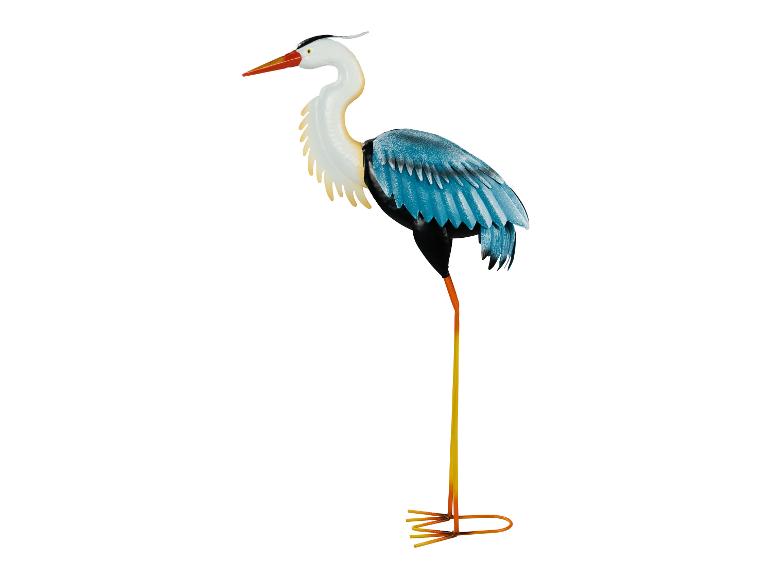 Decoratieve metalen reiger in wit, blauw en oranje voor de tuin