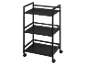 Zwarte metalen trolley met drie planken en wielen.