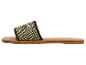 Platte sandaal met brede stoffen band met zwart-wit geometrisch patroon.