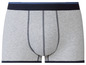 Grijze boxershorts met blauwe rand.