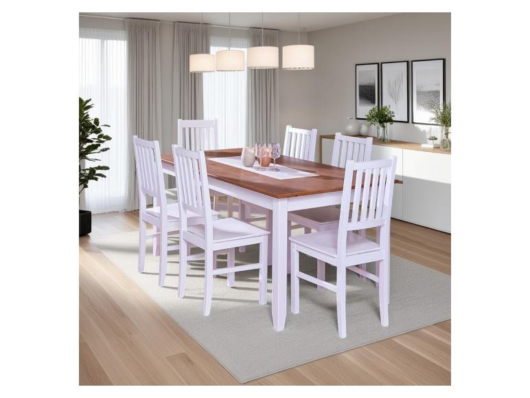 Eethoekset: tafel en zes witte stoelen.