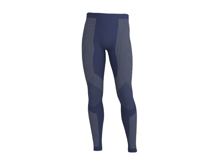 Donkerblauwe heren compressielegging met grijze streepdetails.