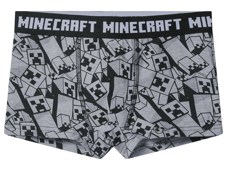 Grijze Minecraft boxershort voor jongens met Creeper-patroon en Minecraft-logo op de tailleband.