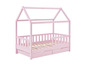 Een roze kinderbed met een huisvormig dak en twee laden.