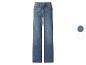 Blauwe straight-leg jeans, met twee kleurcirkels ernaast.