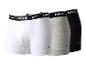 Driepak herenboxershorts in wit, grijs en zwart met elastische tailleband.