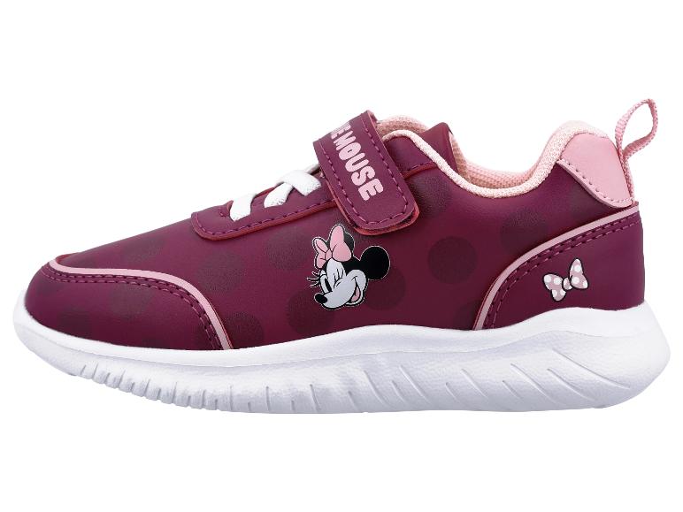 Minnie Mouse kindersneakers in bordeaux met stippen en klittenbandsluiting.
