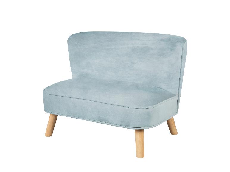 Lichtblauwe gestoffeerde fauteuil met houten poten