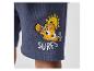 Donkerblauwe kinder shorts met een koraalvis en zon print, tekst "Surf's Up".