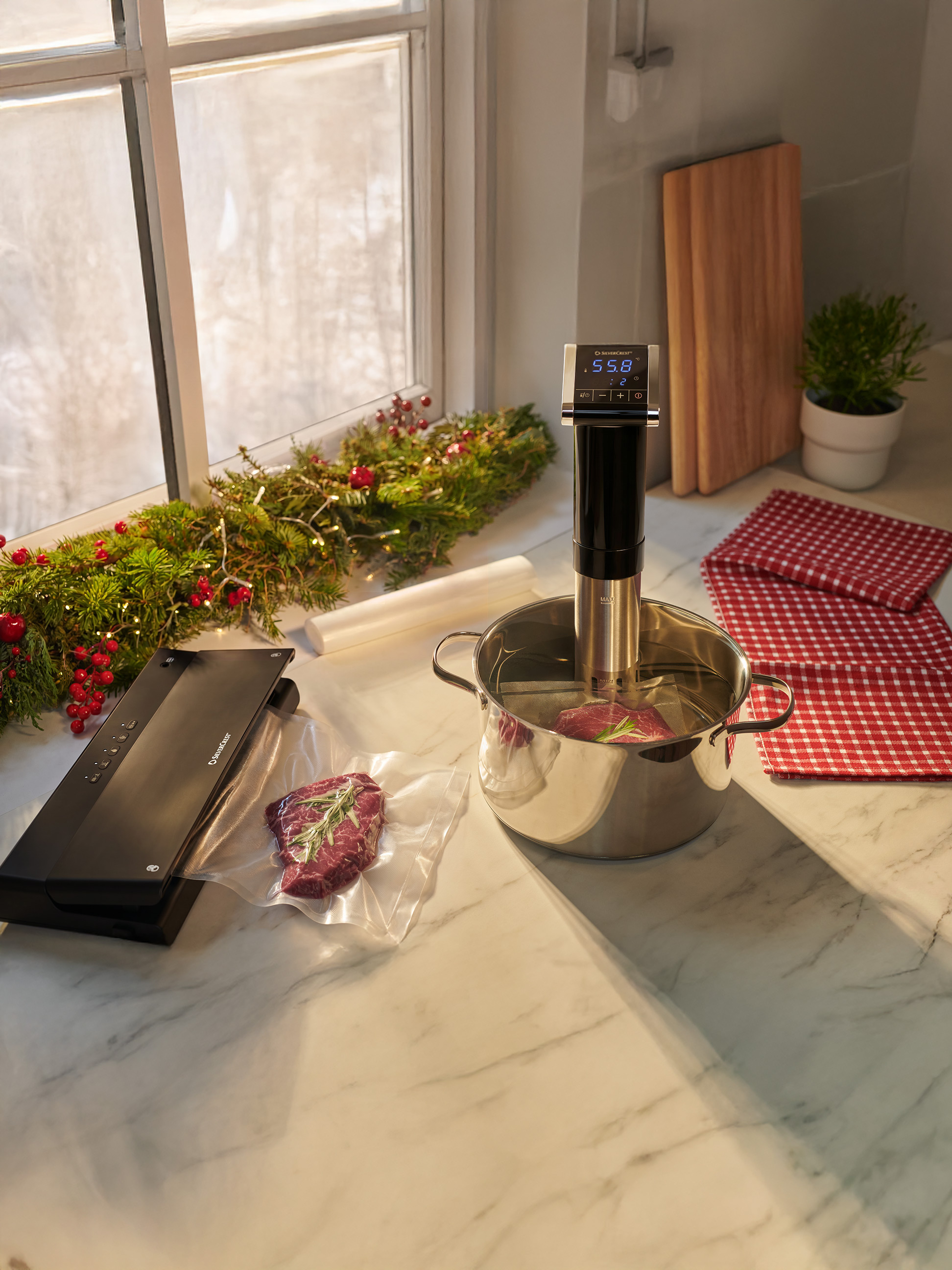 Sous-vide koker en vacuümsealer op een aanrecht met vlees