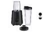 Zwarte blender met twee bekers en deksels, met draaiknop.