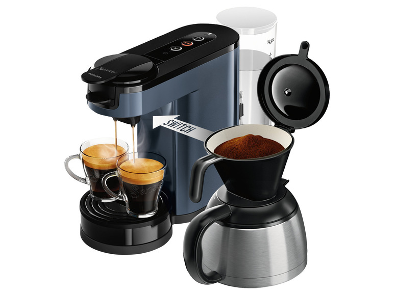 Een Philips Senseo koffiezetapparaat met twee kopjes koffie en een thermoskan.