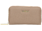 Beige portemonnee met rits en goudkleurig logo.