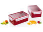 Twee rode plastic opbergdozen met deksels.
