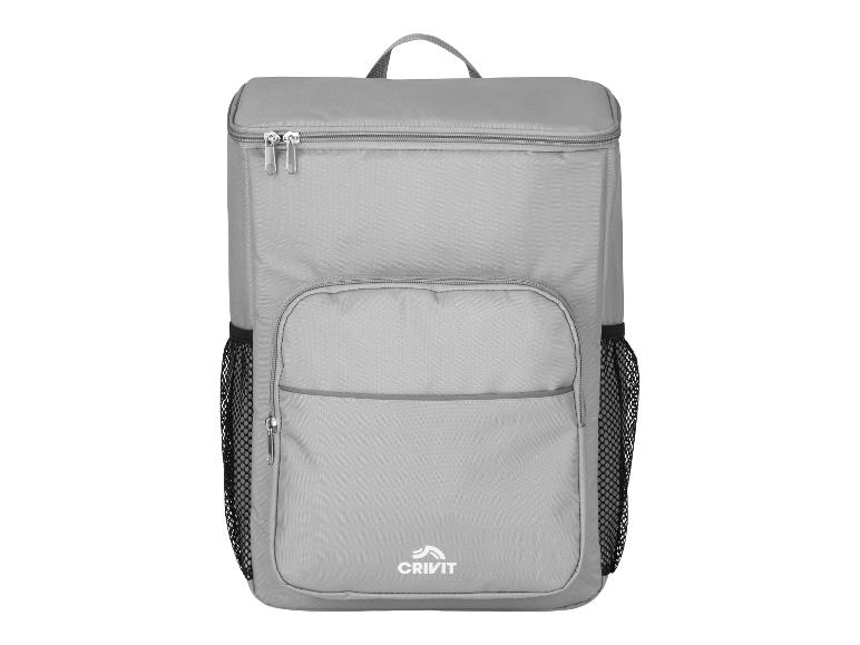 Grijze Crivit koeltas rugzak met voorzak en zijvakken van mesh.