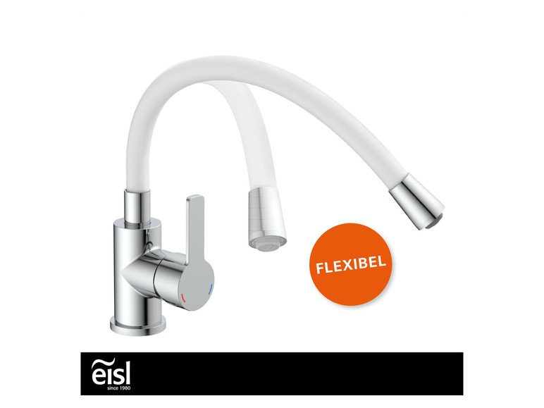 Een Eisl keukenkraan met een flexibele, witte uitloop.