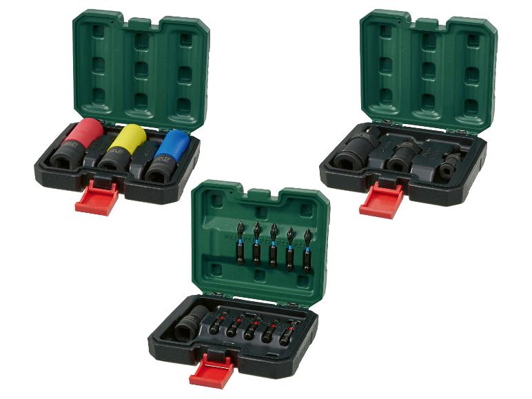 OWIM dopsleutel- en bitsets in geopende groene dozen.