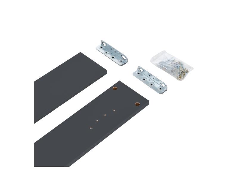 Twee grijze houten planken, twee metalen scharnieren en een zakje schroeven.