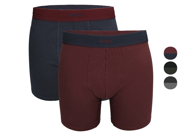 Set van twee herenboxershorts, één marineblauw en één bordeauxrood, met contrasterende taillebanden.
