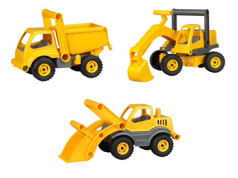 Gele speelgoedvoertuigen, waaronder een vrachtwagen, een graafmachine en een shovel.