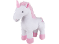 Witte pluche eenhoorn met roze manen en hoeven.