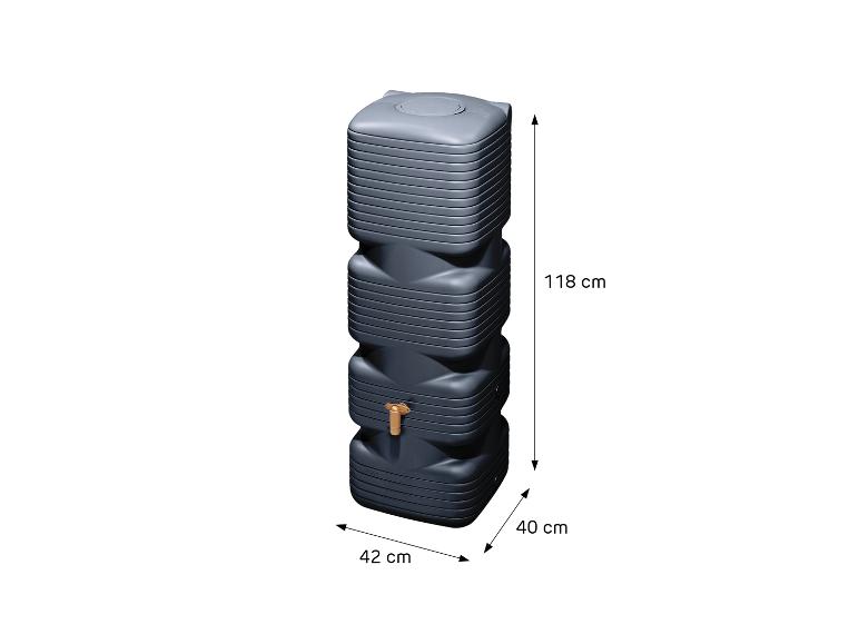 Donkergrijze regenton met kraan, afmetingen 118x42x40 cm.
